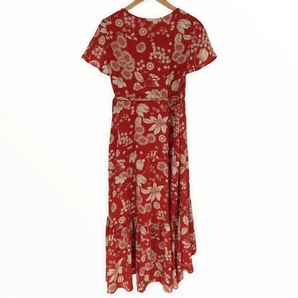 NWT Urban Outfitters Daphne Red / Orange Floral Midi Ruffle Wrap Dress Medium M - Picture 5 of 12